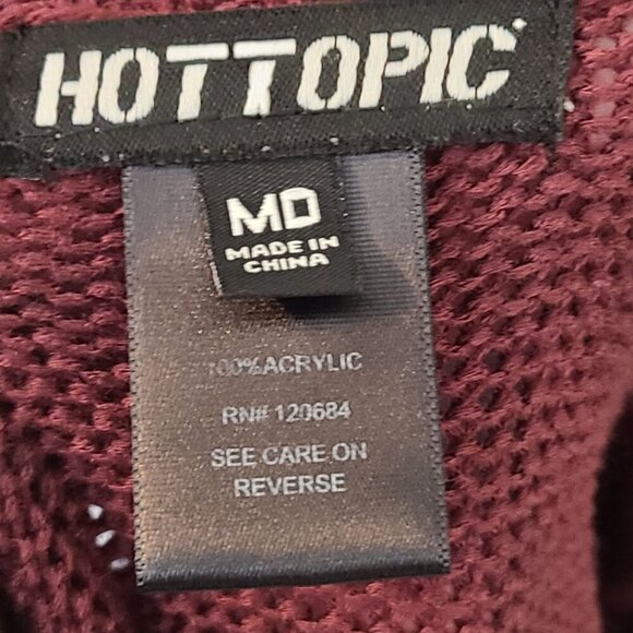 57. HOT TOPIC Women's Burgundy Distressed Acrylic Knit Sweater Skull Size M - Picture 7 of 8